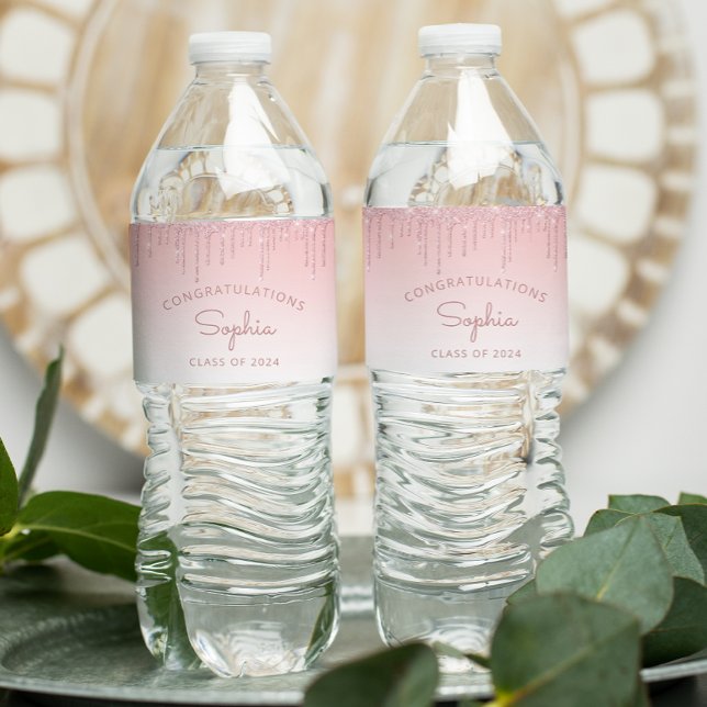 2024 Pink Glitter Drip Graduation Party Water Bottle Label (Creator Uploaded)