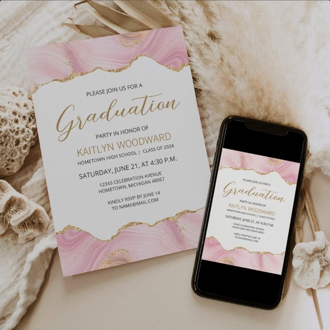 2024 Pink Gold Agate Graduation Party Invitation (Creator Uploaded)