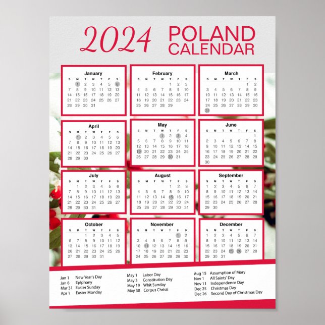 2024 Poland Calendar with Polish Holidays Download Poster (Front)