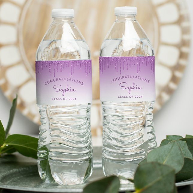 2024 Purple Glitter Drip Graduation Party Water Bottle Label (Creator Uploaded)