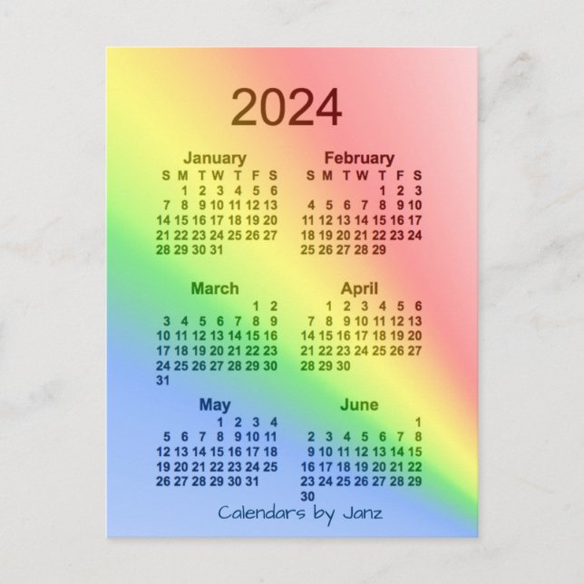 2024 Rainbow 6 Month Mini Calendar by Janz Postcard (Front)