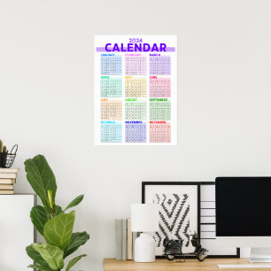 2024 Rainbow Colourful Full Year Monthly Calendar Poster