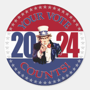 2024 Red and Blue Your Vote Counts Uncle Sam Classic Round Sticker