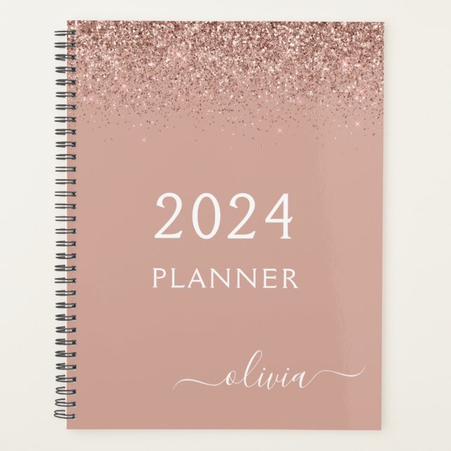 2024 Rose Gold Blush Pink Glitter Monogram Planner (Front)