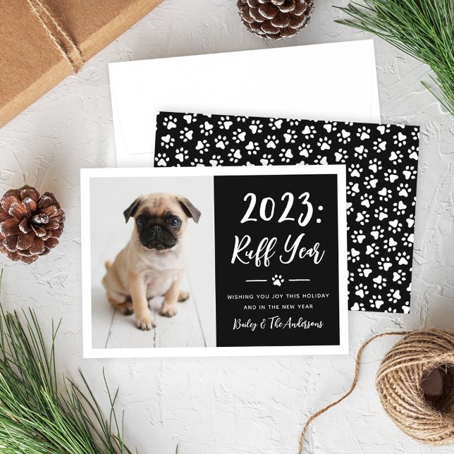 2024 Ruff Year Black Funny Dog Photo Holiday Card (Creator Uploaded)