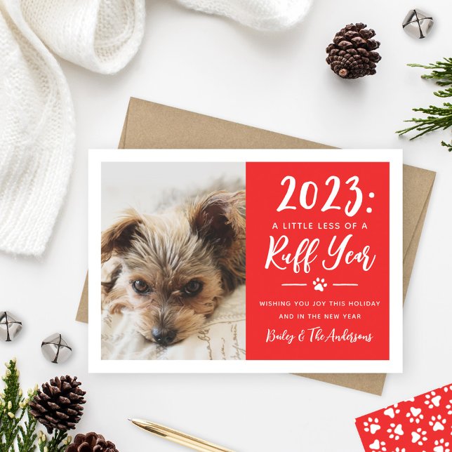 2024 Ruff Year Red Funny Dog Photo Holiday Card (Creator Uploaded)