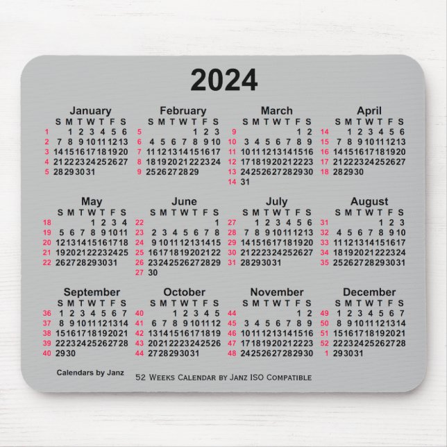 2024 Silver 52 Weeks ISO Calendar by Janz Mouse Pad (Front)