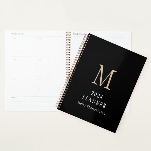 2024 Simple Monogram Initial Name Black Planner (Display)