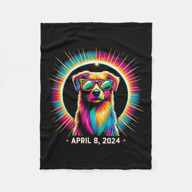 2024 Solar Eclipse Dog Wearing Solar Eclipse Glass Fleece Blanket (Front)