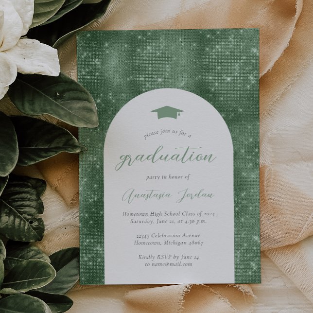 2024 Sparkly Sage Green Glam Arch Graduation Invitation (Creator Uploaded)