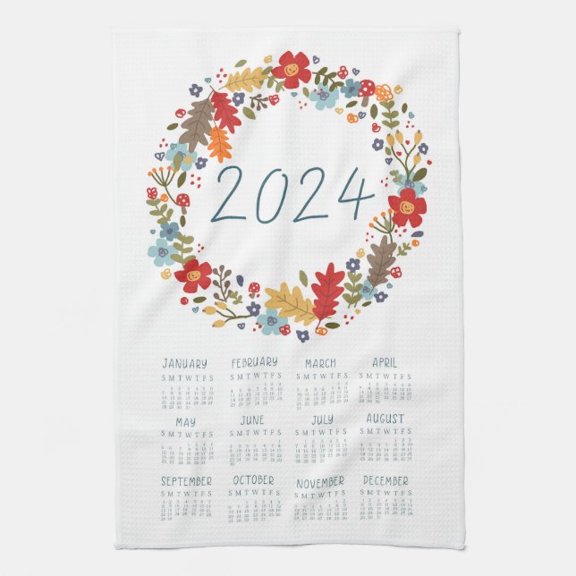 2024 Tea Towel Calendar Fall Wreath Wall Art Decor (Vertical)