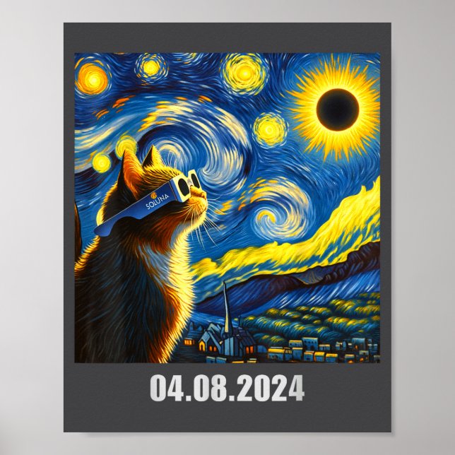 2024 Total Solar Eclipse Funny Cat In Soluna Gles  Poster (Front)