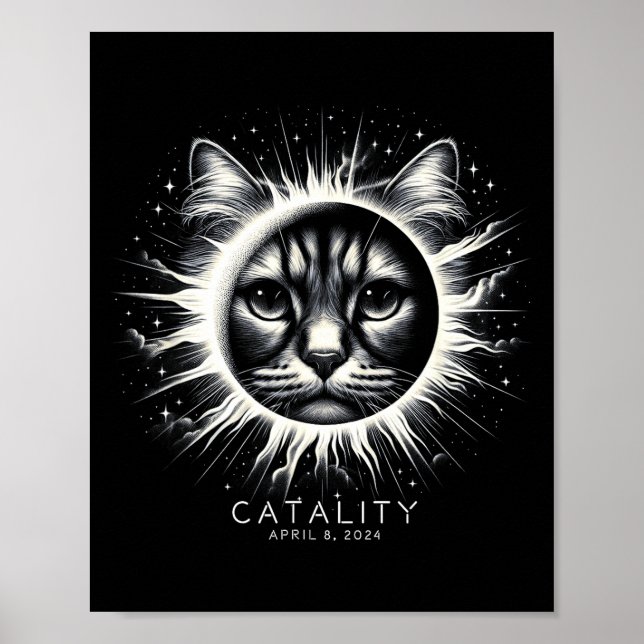 2024 Total Solar Eclipse Funny Catality Cat With A Poster (Front)