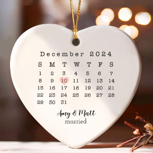 2024 Wedding Date Heart Calendar Married Ceramic Ornament