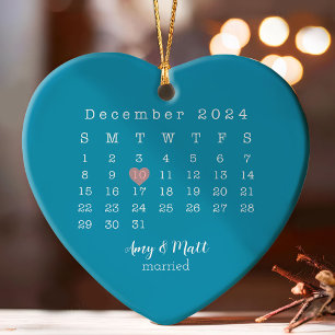 2024 Wedding Date Heart Calendar Married Ceramic Ornament
