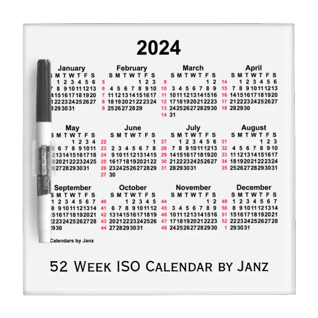 2024 White 52 Week ISO Calendar by Janz Dry Erase Board Zazzle