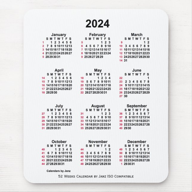 2024 White 52 Weeks ISO Calendar by Janz Mouse Pad (Front)