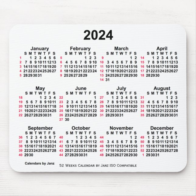 2024 White 52 Weeks ISO Calendar by Janz Mouse Pad (Front)