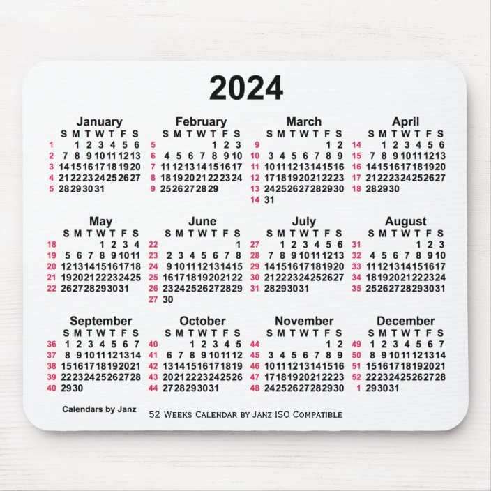2024 White 52 Weeks ISO Calendar by Janz Mouse Pad Zazzle