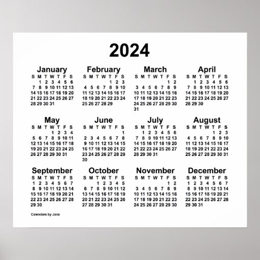 2024 White Wall Calendar by Janz Poster Zazzle