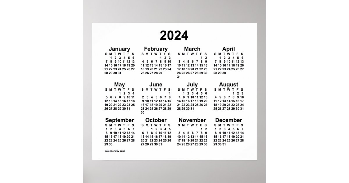 2024 White Wall Calendar by Janz Poster | Zazzle