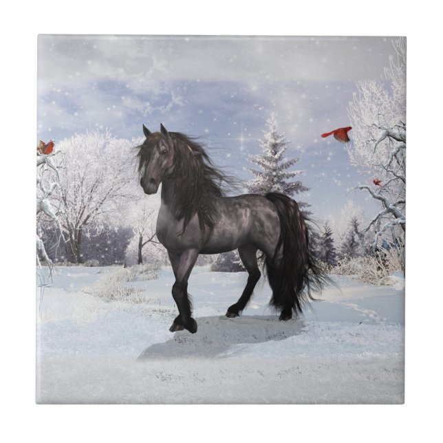 2024 Winter Holiday Friesian Horse Ceramic Tile (Front)