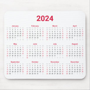 2024 Year At A Glance Red and White Calendar Mouse Pad