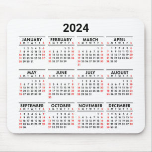 2024 Year At A Glance Red, Black & White Calendar Mouse Pad