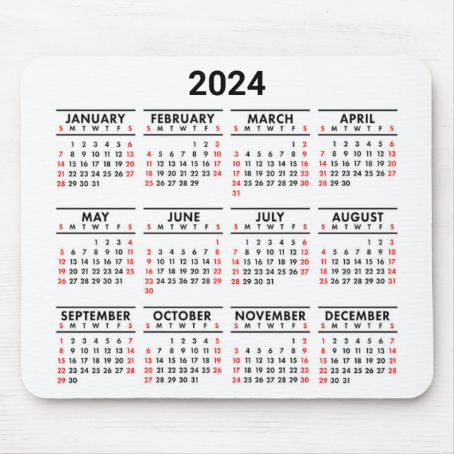 2024 Year At A Glance Red, Black & White Calendar Mouse Pad (Front)