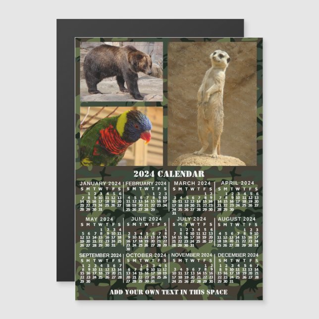 2024 Year Calendar Camouflage Add 3 Custom Photos Magnetic Invitation (Front/Back)