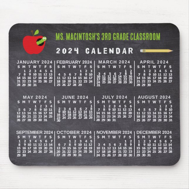 2024 Year Calendar Chalkboard School Teacher Name Mouse Pad (Front)