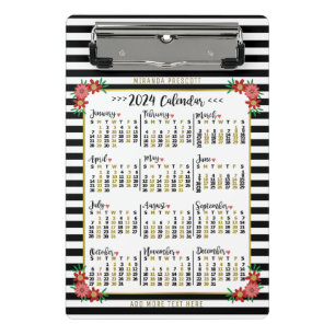 2024 Year Calendar Cute Floral Stripes Custom Mini Clipboard