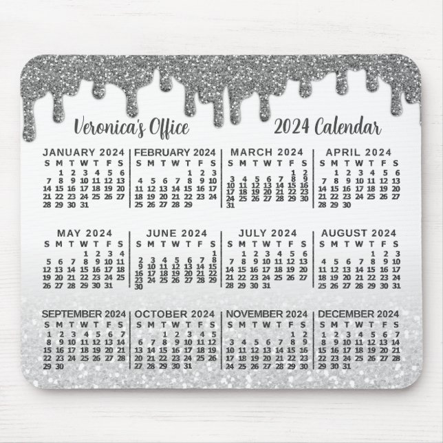 2024 Year Calendar Faux Silver Glitter Drips Name Mouse Pad (Front)