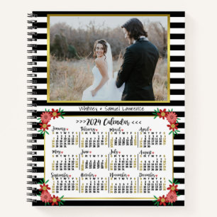 2024 Year Calendar Preppy Floral Stripes   Photo Notebook