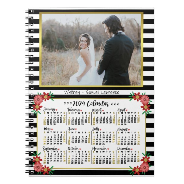 2024 Year Calendar Preppy Floral Stripes | Photo Notebook (Front)