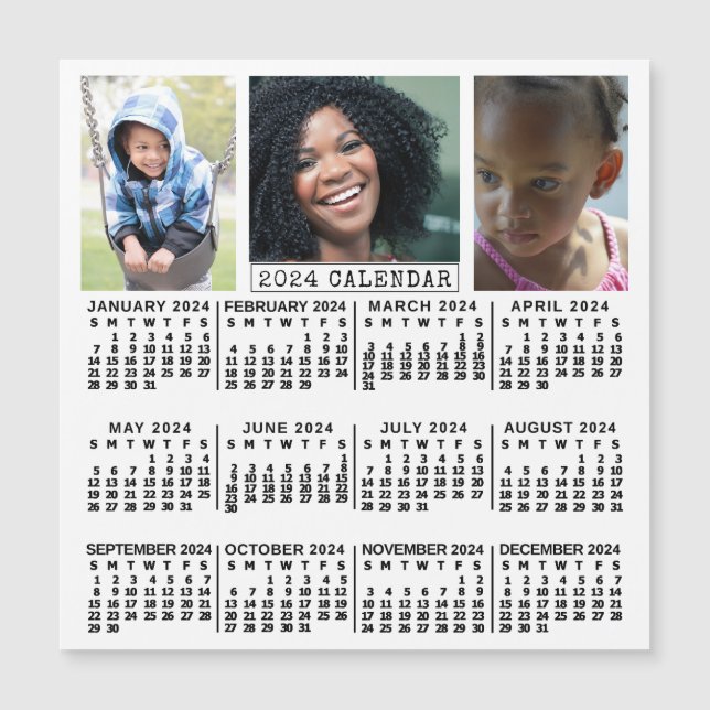 2024 Year Calendar White | 3 Photo Collage Magnet (Front)