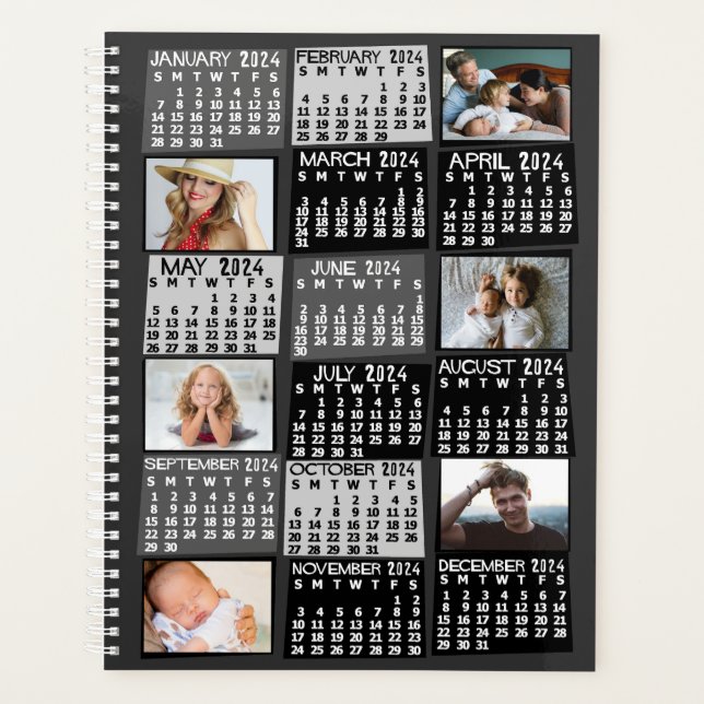 2024 Year Monthly Calendar 12 Photo Collage Black Planner (Front)
