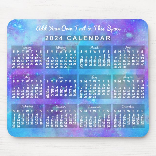 2024 Year Monthly Calendar Blue Watercolor Stars Mouse Pad (Front)