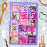 2024 Year Monthly Calendar Cute Mod Photo Collage Tea Towel<br><div class="desc">This personalised 2024 year monthly calendar kitchen towel has a mid-century modern geometric look with asymmetrical colour blocks and cut-out paper style typography. The colours are all various shades of pink and purple. Use the easy templates to add six of your favourite photos (horizontal work best, but all shapes will...</div>