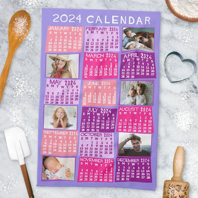 2024 Year Monthly Calendar Cute Mod Photo Collage Tea Towel (Creator Uploaded)