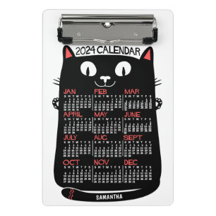 2024 Year Monthly Calendar Mid-Century Black Cat Mini Clipboard