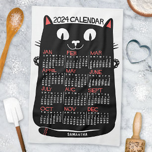 2024 Year Monthly Calendar Mid-Century Black Cat Tea Towel
