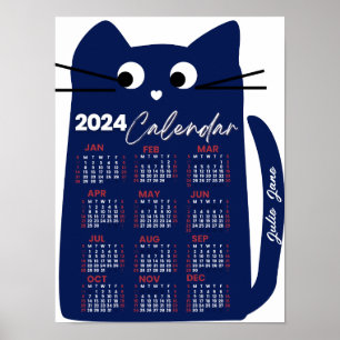 2024 Year Monthly Calendar Mid-Century Blue Cat Poster