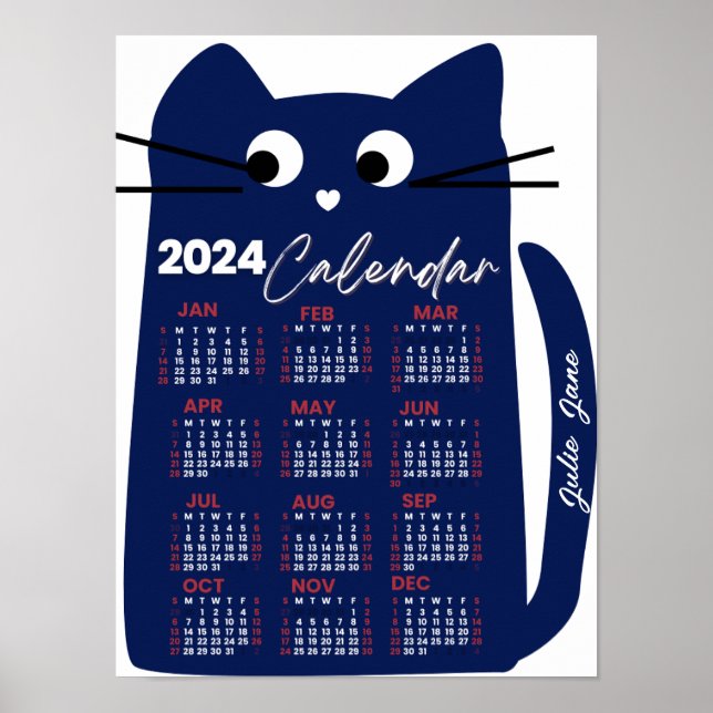 2024 Year Monthly Calendar Mid-Century Blue Cat Poster (Front)