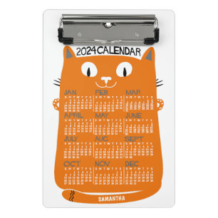 2024 Year Monthly Calendar Mid-Century Orange Cat Mini Clipboard