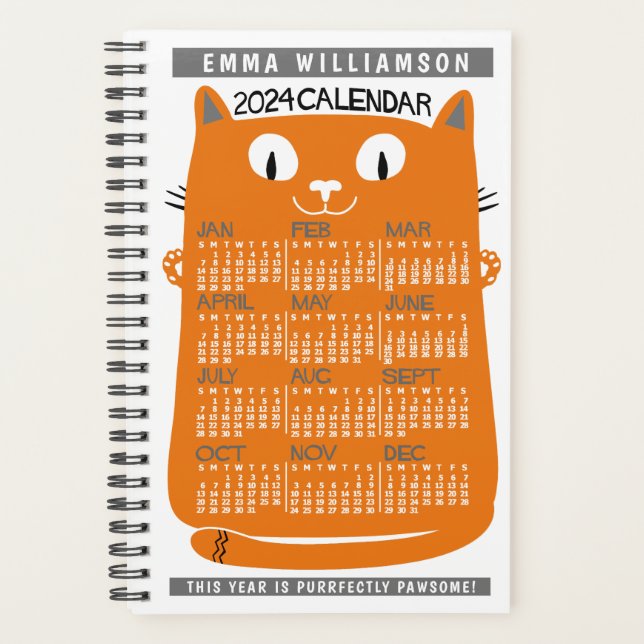 2024 Year Monthly Calendar Midcentury Orange Cat S Planner (Front)