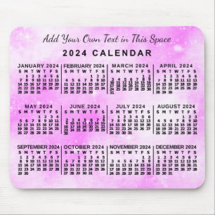 2024 Year Monthly Calendar Pink Watercolor Custom Mouse Pad