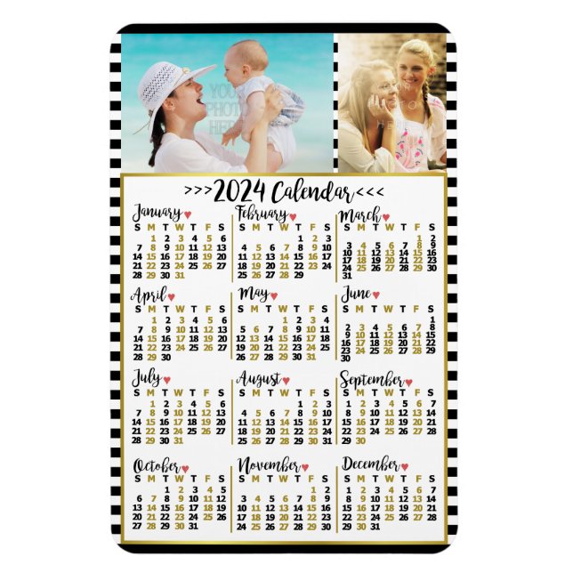 2024 Year Monthly Calendar Stripes | Custom Photos Magnet (Vertical)