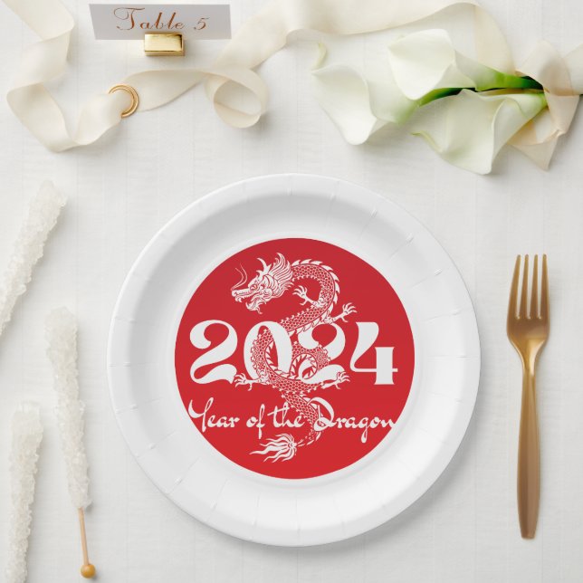 2024 year of the dragon red white paper plate (Wedding)