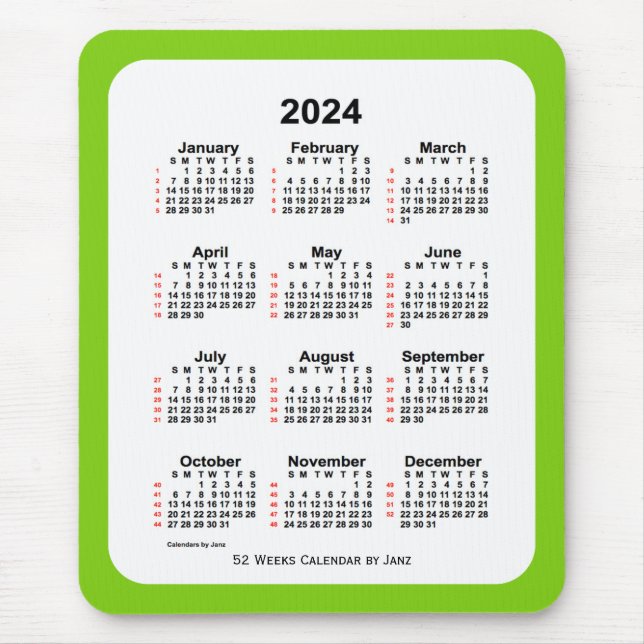 2024 Yellow Green 52 Week Calendar by Janz Mouse Pad (Front)